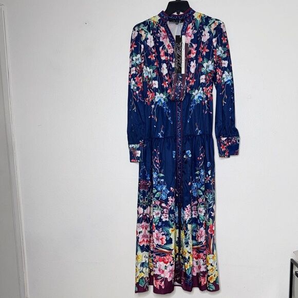 Dalia MacPhee Dress Large Black Pink Floral Button-Front Long Sleeve midi Size S - Picture 9 of 14